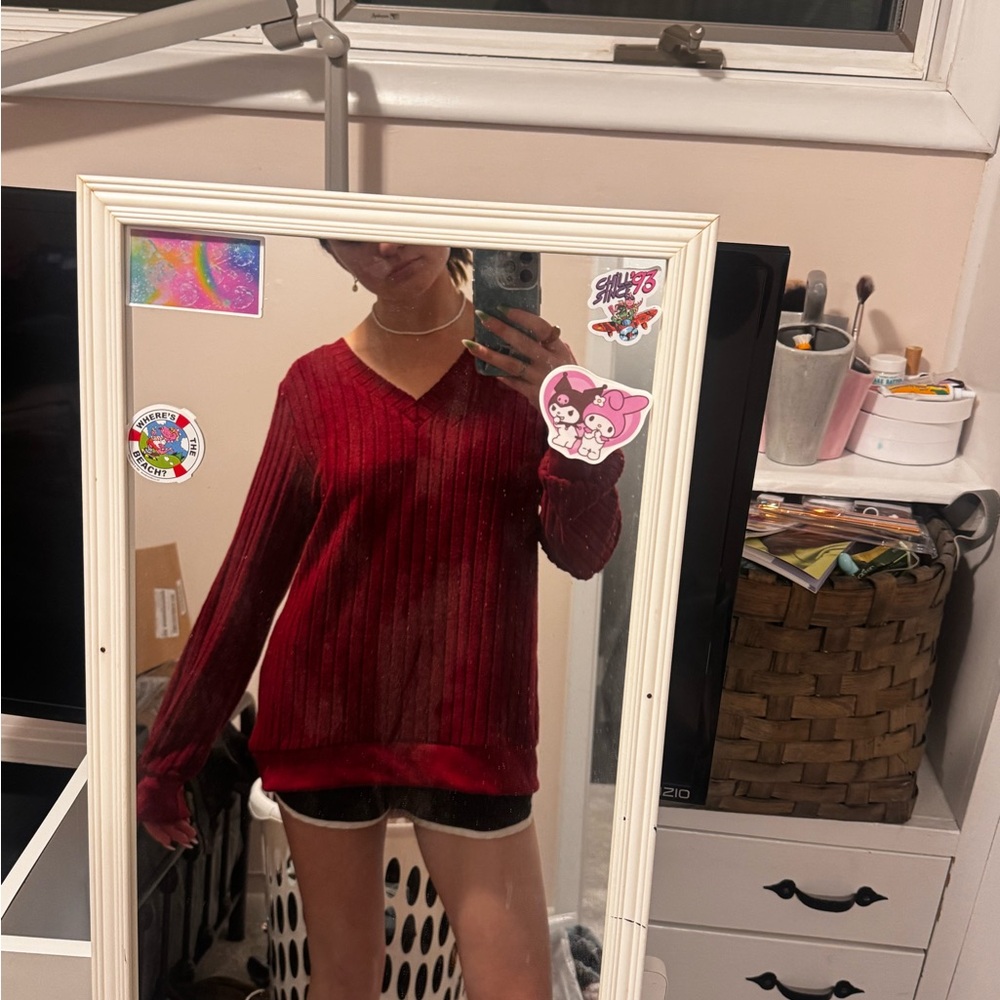 SHEIN Red V-Neck Sweater Cozy Knit